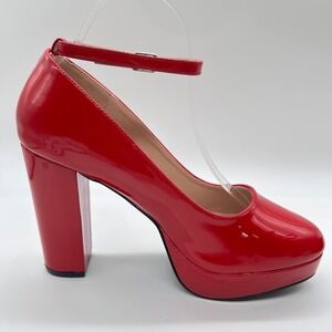Allegra K Shoes Womens 9 Red Platform Ankle Strap Heels Pumps‎ Chunky Block High